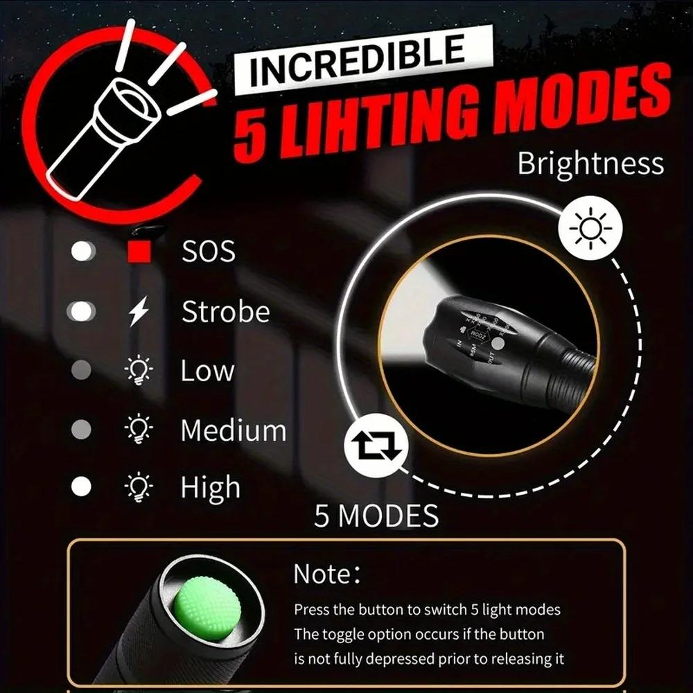 High Power Tactical T6 LED Flashlight 5 Modes Waterproof Zoom Torch Aluminum Alloy Portable Light for Camping Hiking Hunting