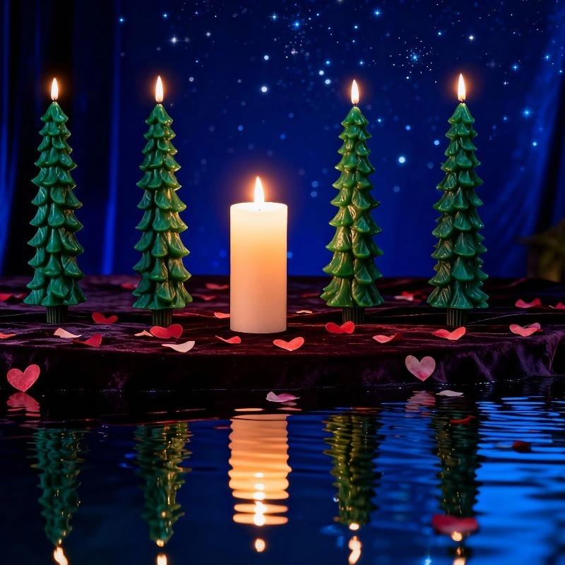 4/2pcs Christmas Tree LED Flameless Candles Light with 3D Flame Wick Green LED Candlesticks Operated for Christmas Home Decor