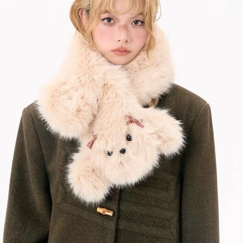 1116 New Korean Version Plush Small Scarf Fur Collar Women Winter Thickened Warm Versatile Cold Neck Protection Cross Scarf