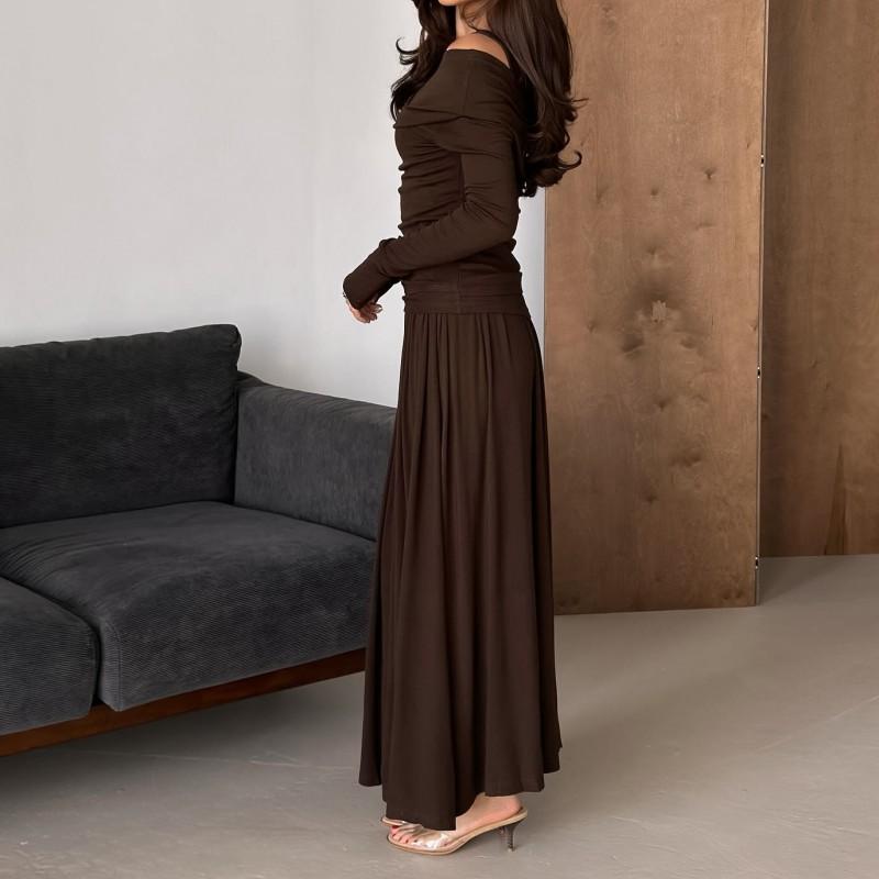 Womens 2-Piece Set Long Sleeve Sweet Top Pleated Midi Skirt Elegant Commute Outfit