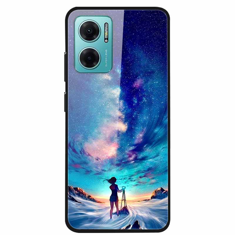 Case For Xiaomi Redmi Note 11E Luxury Tempered Glass Hard Back Cover For Redmi Note 11E Capa Shockproof Flower Funda Wolf Coque