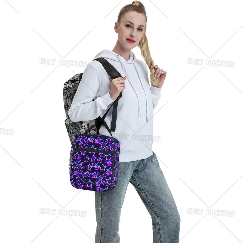 Lila und Blaue Schwebende Neonsterne Tragbare Lunchtasche Isolierte Lunchbox Wiederverwendbare Tragetaschen für Frauen Männer Arbeit Picknick Camping