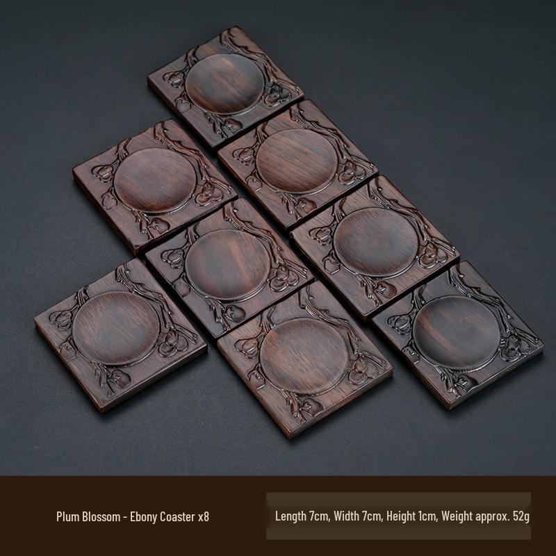 Ebony Wood Carved Non-Slip Tea Coaster Set - Retro Anti-Scald Pad for Tea Ceremony