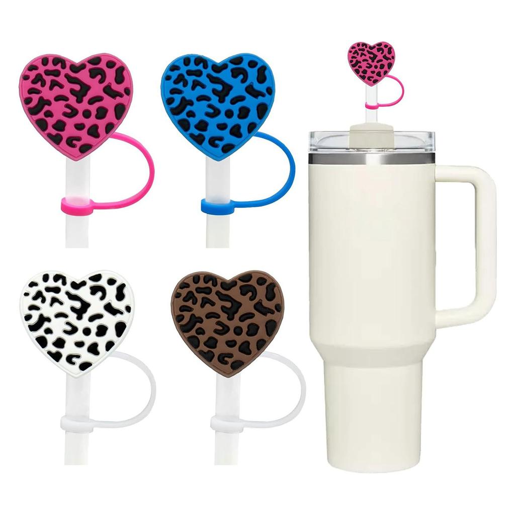 5pcs Straw Lid Reusable Silicone Straw Covers Heart-Shaped Leopard Print Straw Plug for Tumblers Cup Accessories Home
