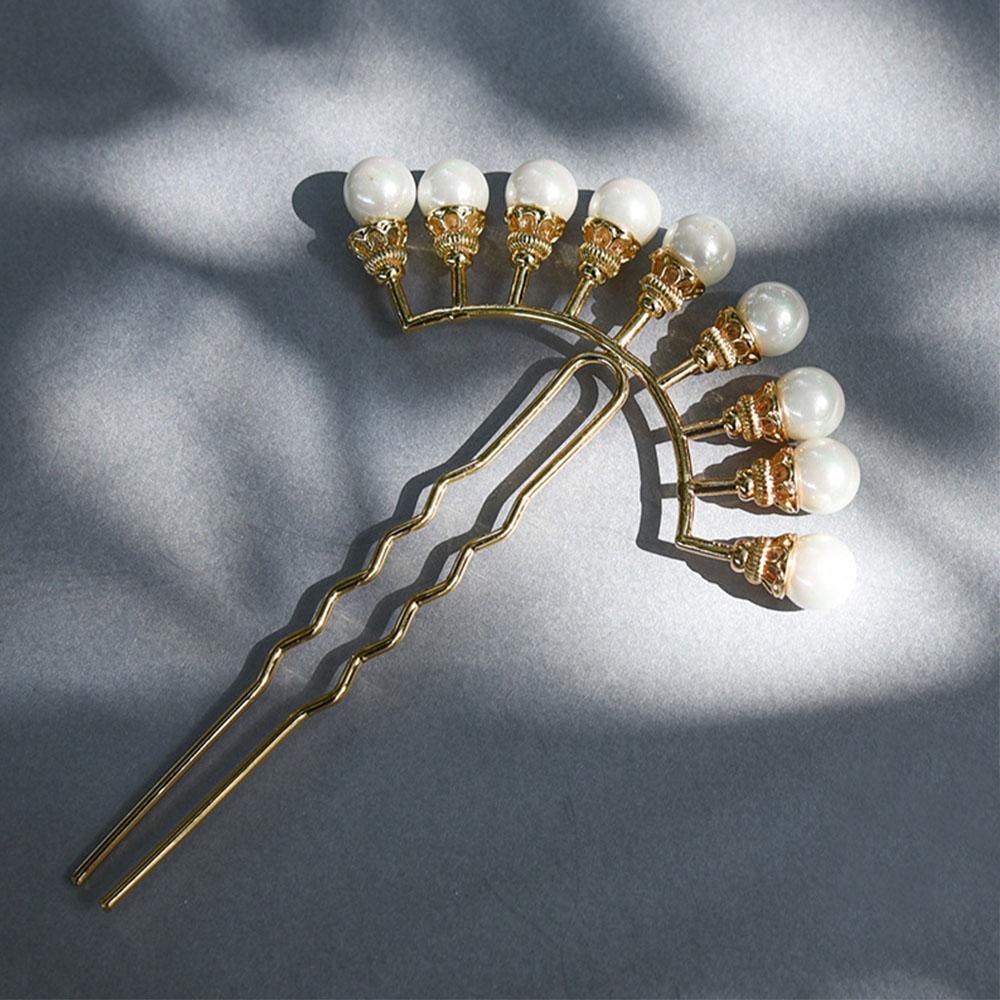 

U-shaped Women Zinc Zinc Alloy Crystal Petals Pearl Row Hairpin Hair Accessories Hair Forks Hanfu Hair Sticks white-gold 9-row