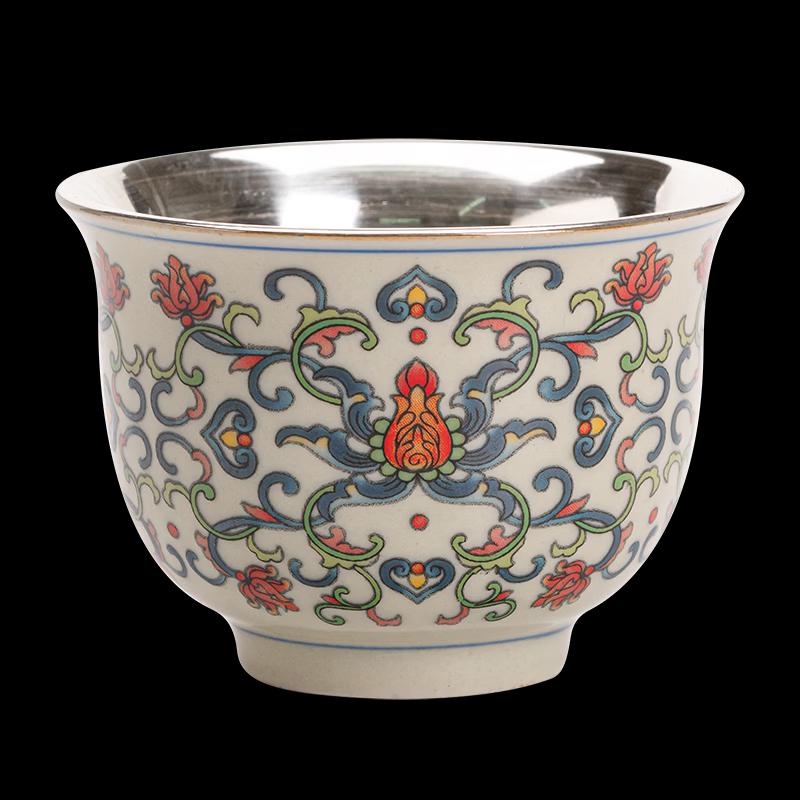 Sushi Ceramic Yongle Blue and White Gilt Silver Teacup