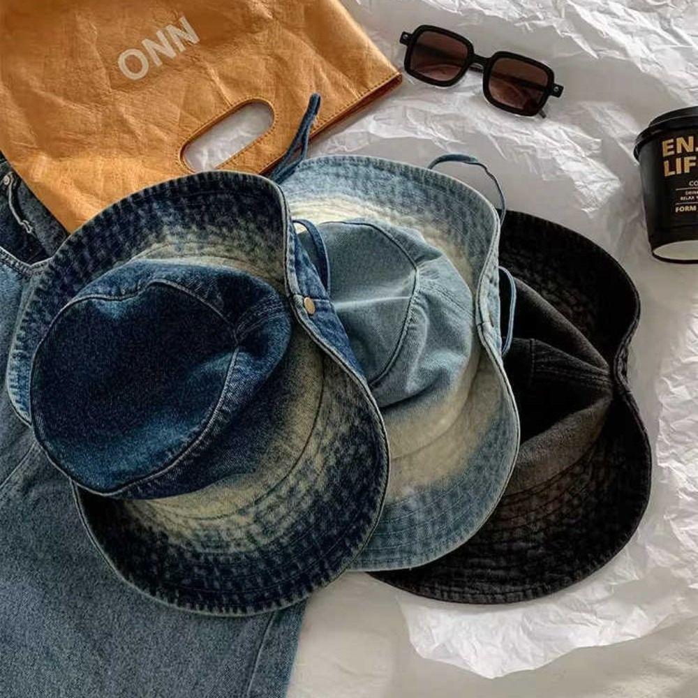 Water-washed Tie-dye Vintage Washed Denim Hat Wide Brim Drawstring Adjustable Western Cowboy Hats Windproof Sunscreen