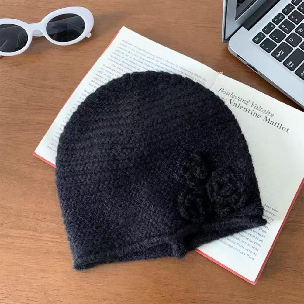 Solid Color Knitted Woolen Hat Elastic Flower Beanie Hat Winter Warm Hat  Outdoor Activities