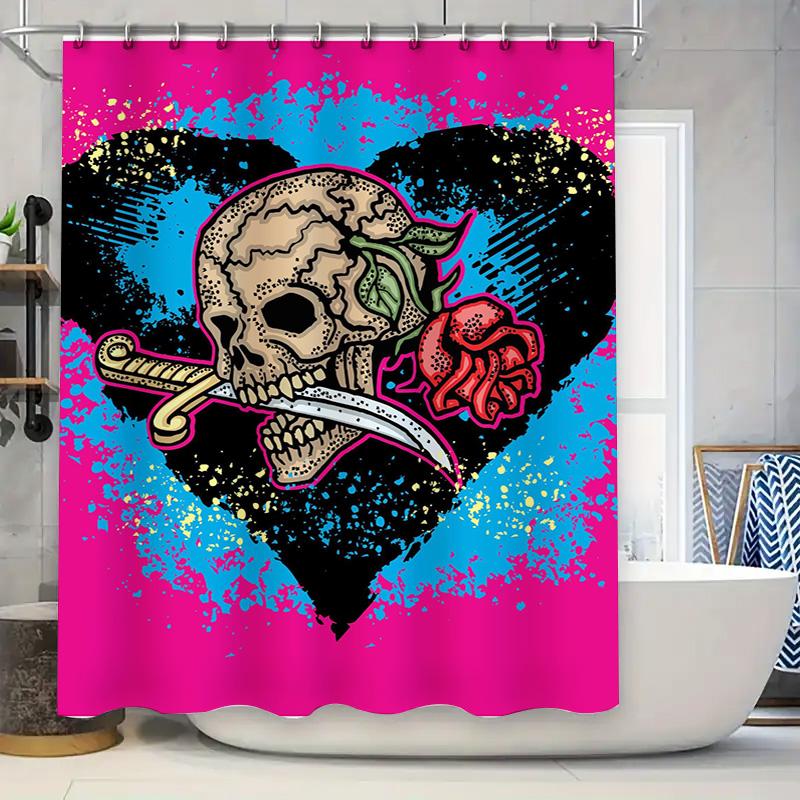 Tuniu Skull Rose Heart Shower Curtain Gothic Black Pink Tribal Art Waterproof Bathroom Decor