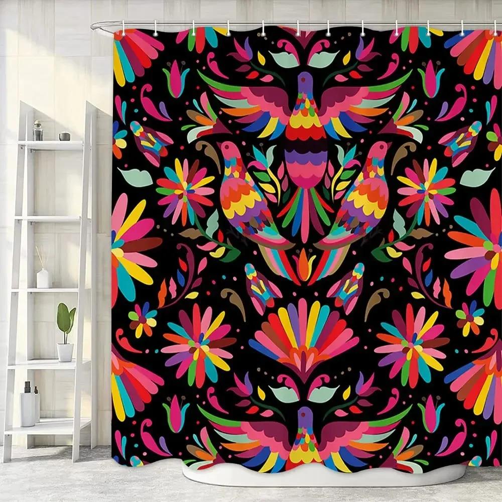 Mexican Floral Shower Curtain, Ethnic Art, Birds and Paisley, Flowers in White,Polyester, Waterproof, Bathroom Decor