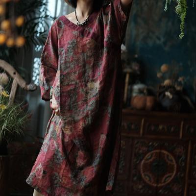 Women Vintage Print Floral Dress V-Neck Autumn Loose Chinese Style A-Line Dress