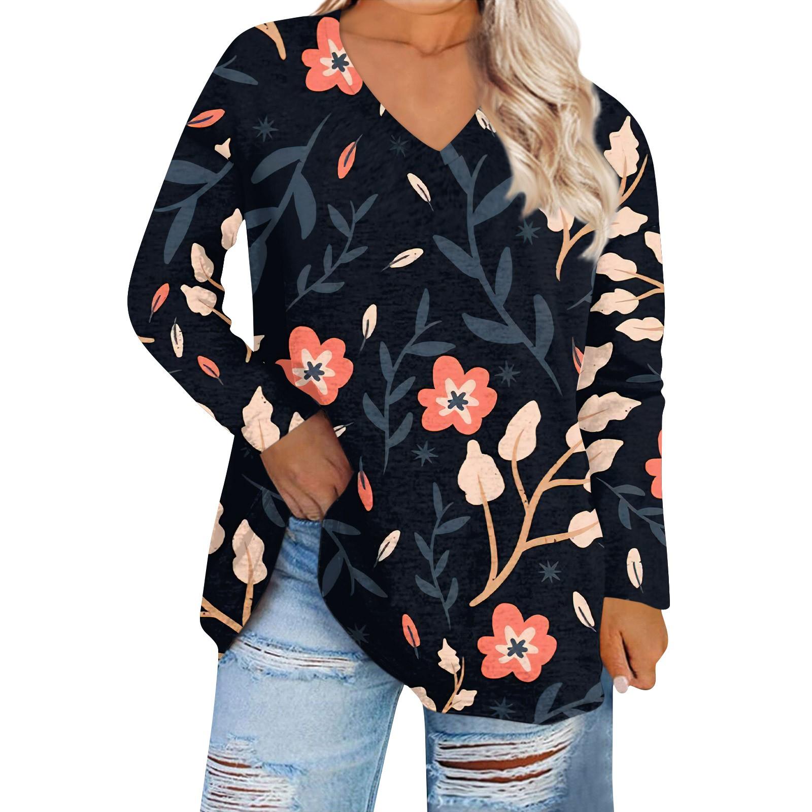 

Жіноча модна повсякденна футболка з довгими рукавами з принтом V-подібним вирізом і великим розміром XXXXXL Темно-синій