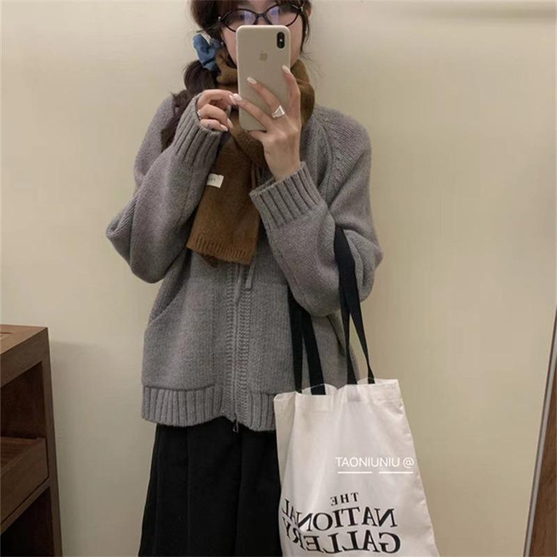 Lazy thick knitted zipper cardigan jacket women's autumn and winter new loose and thin high-end sweater top