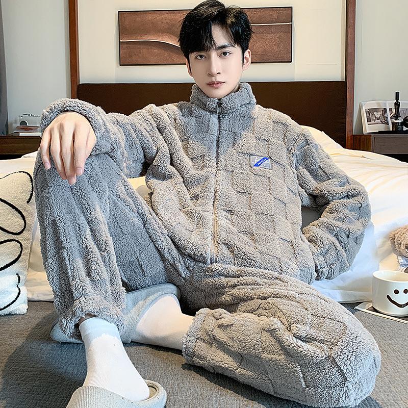 

Чоловіча коралова оксамитова піжама, осінньо-зимовий плюшевий утеплювач, чоловічий фланелевий кардиган на блискавці в корейській версії, домашній одяг XXXL