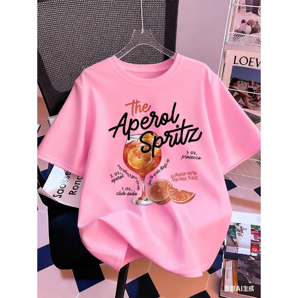 Aperol Spritz Lemon Drink Prints T-Shirt Womens Summer Short Sleeve Tops Comfortable Loose O-Neck T Shirt Sporty Clothes