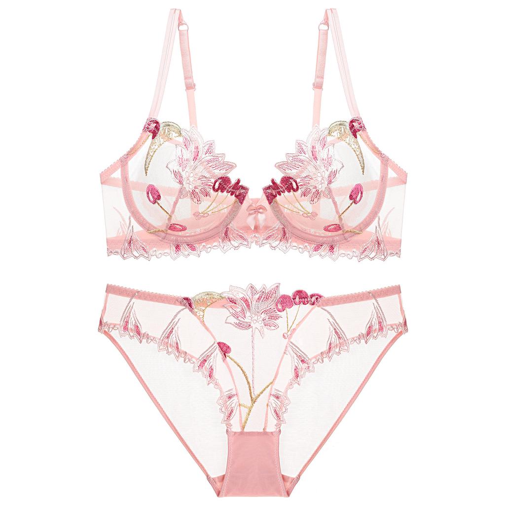 Summer Cherry Embroidery Bra Large Size Transparent Mesh Temptation Underwear Ultra-thin Sexy Ladies Bra Set