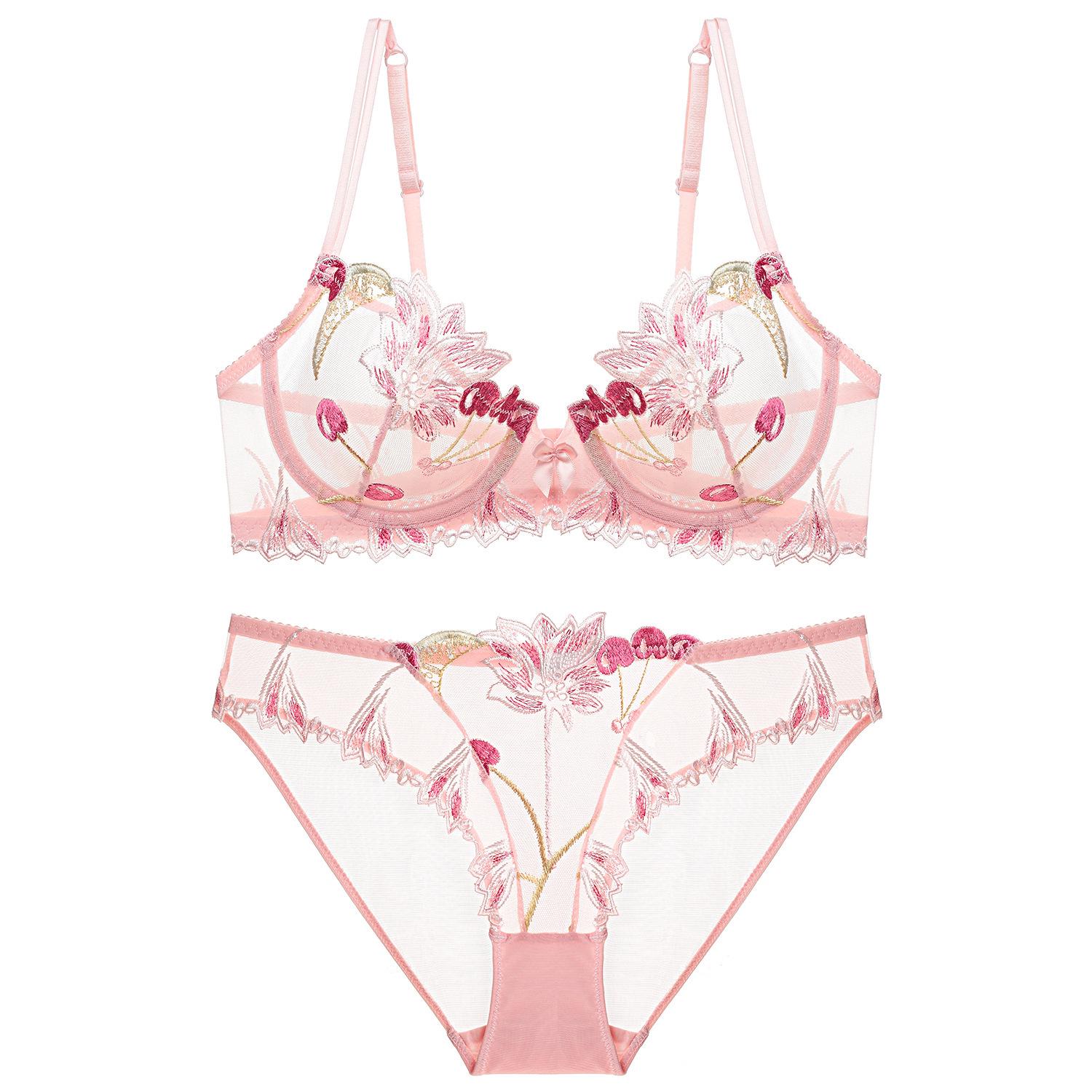 

Летний бюстгальтер с вышивкой вишни, большой размер, прозрачное сетчатое нижнее белье, ультратонкий сексуальный женский комплект с бюстгальтером 85B розовый
