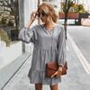 Women Autumn Winter Casual Dress Striped V Neck Full Sleeve Simple Oversize Gray S M L XL
