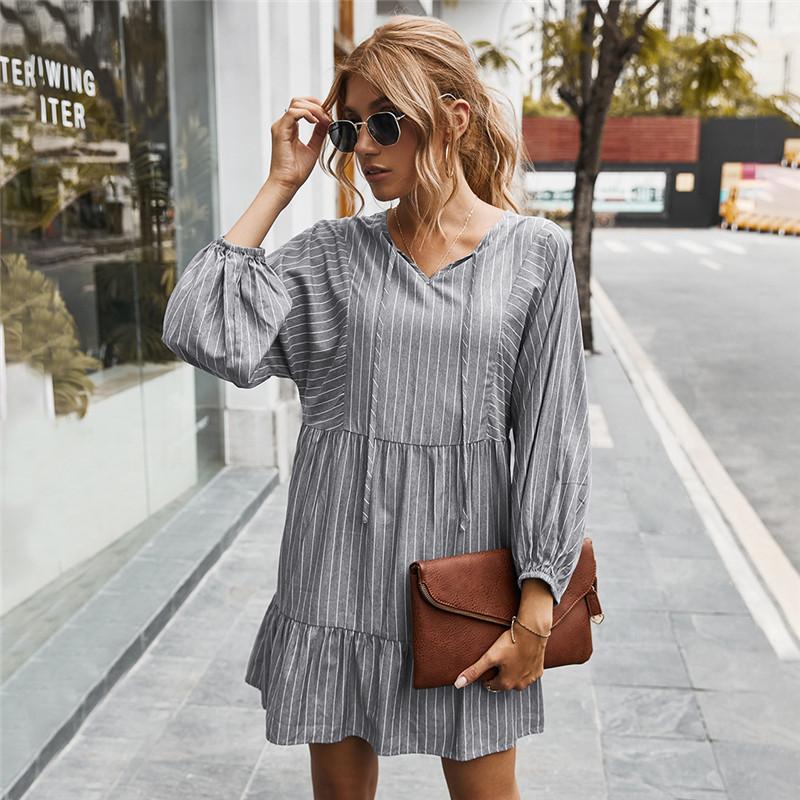 Women Autumn Winter Casual Dress Striped V Neck Full Sleeve Simple Oversize Gray S M L XL