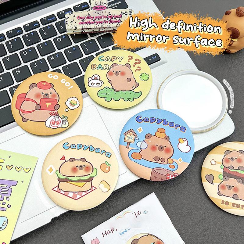 Oglindă portabilă, drăguță, rotundă, mică, oglindă de machiaj cu capibara din desene animate, buzunar simplu, oglindă de machiaj compactă pe o singură față, cadouri mici