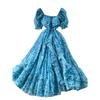 French beautiful super fairy chiffon printed square neck bubble sleeve dress women's vacation waist thin ruffle edge dress