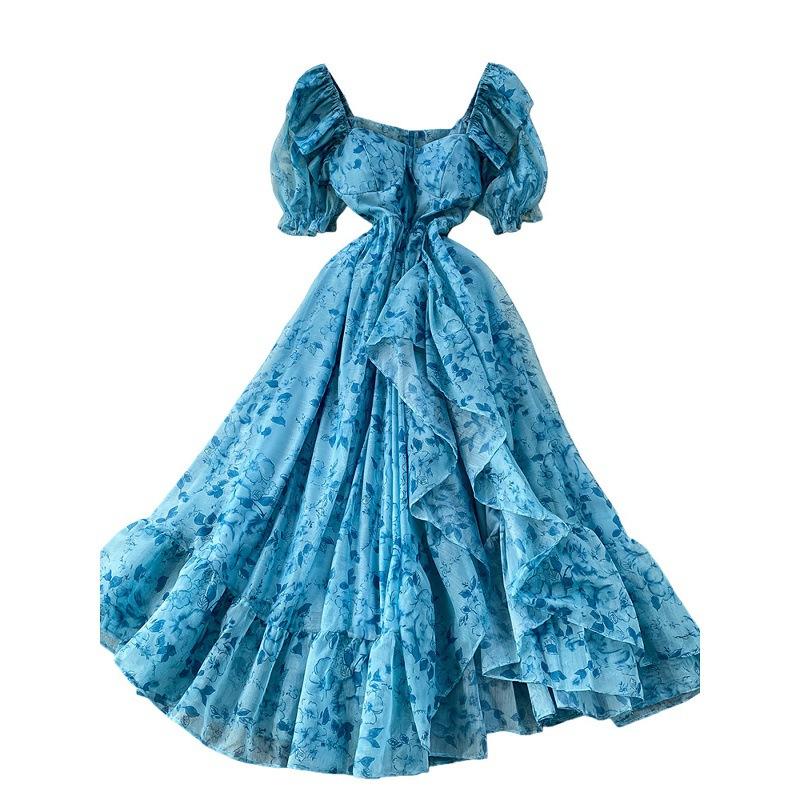 French beautiful super fairy chiffon printed square neck bubble sleeve dress women's vacation waist thin ruffle edge dress