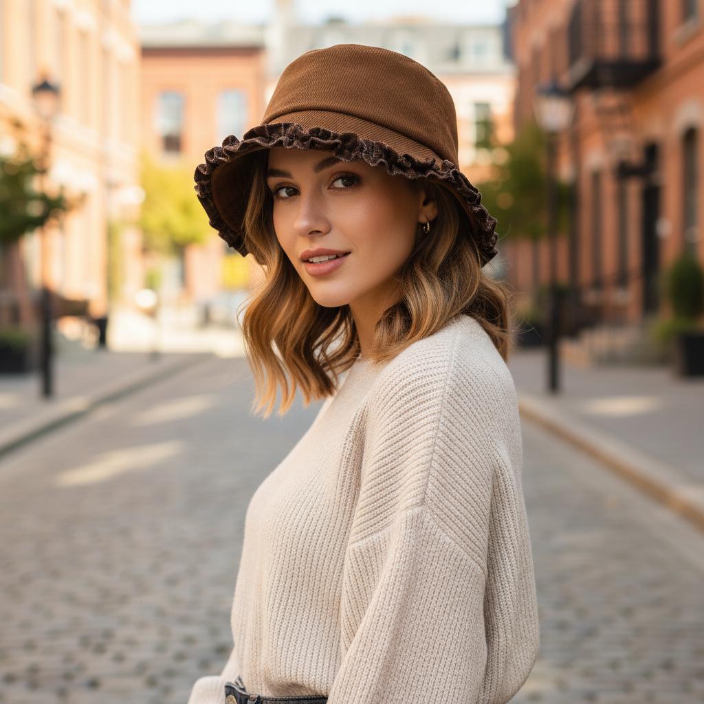 Women's Autumn Retro Minimalist Lace Velvet Bucket Hat - Versatile for Large Head Circumference