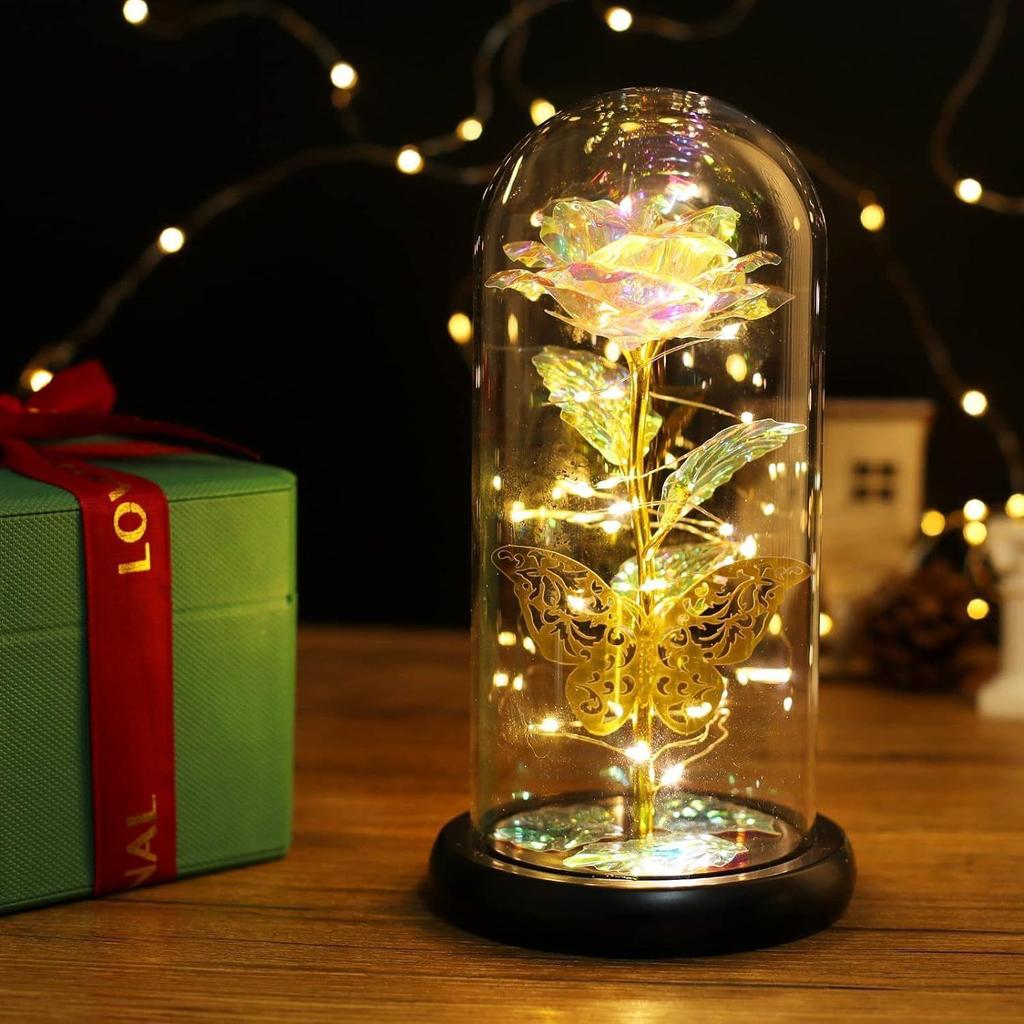 Rosblomma Gåvor ,Färgglad Regnbåge Konstgjord Blomma Ros Lyser Upp Ros i Akrylkupa,Kvinnor