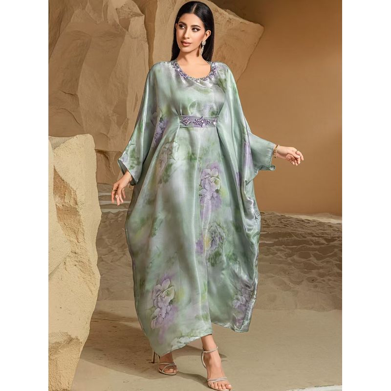 

New Middle East Satin Blooming Jacquard Print Belt Dress Hand Sewn Diamond Dress Green bottom purple flower One size