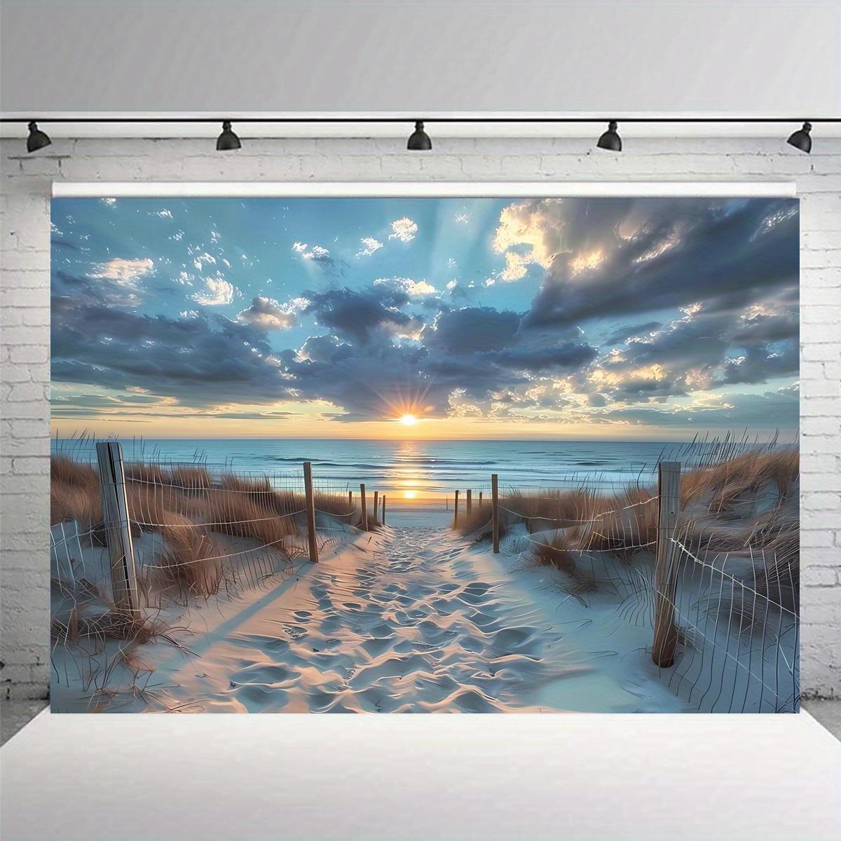 Beach Sunset Gradient Tapestry Wooden Fence Craft Living Room Resort Style Seaside Room Home Decor 100X70CM
