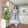 Butterfly Watercolor Double Layer Pleated Rose Dress with Cinched Waist & Strappy Design