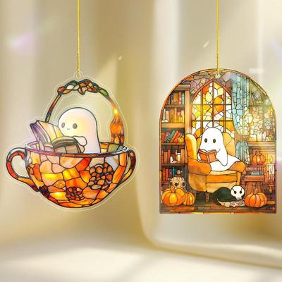 Halloween Ghost Reading Book Suncatcher Hanging Decor Acrylic Window Decor Colorful Shadow Home Decorations