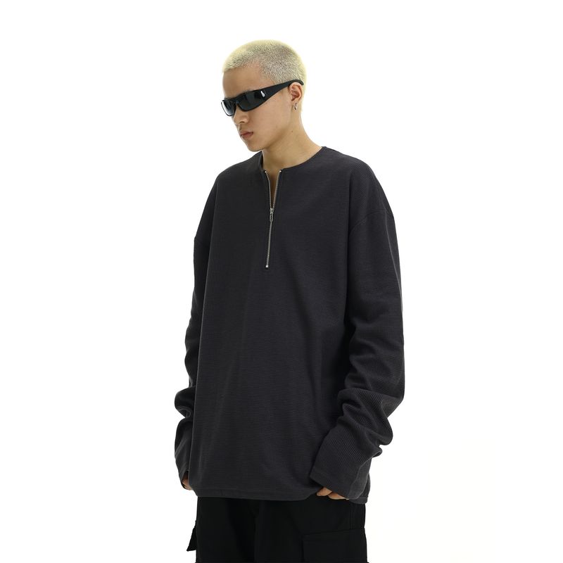 American Retro Fashion Brand Sweater Men's Fall and Winter New Arrival Loose Inner Wear Half Zipper Waffle Long Sleeves T-shirt Bottoming Shirt