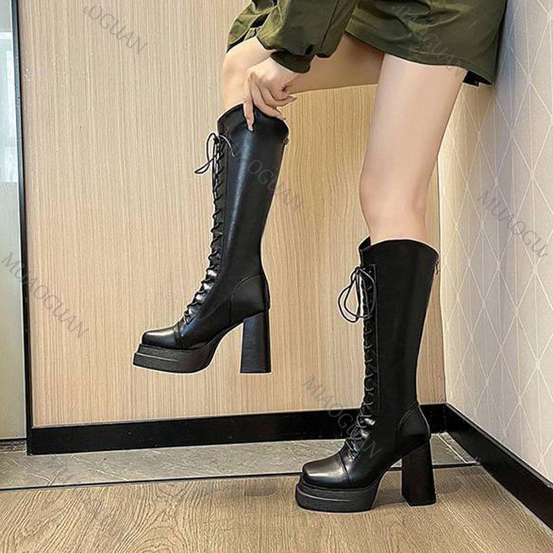 Fashion High Heeled Knee High Boots for Women Fashion Thick Bottom Autumn Winter Women Shoes Lace Up Square Toe Knight Long Botas Femmes