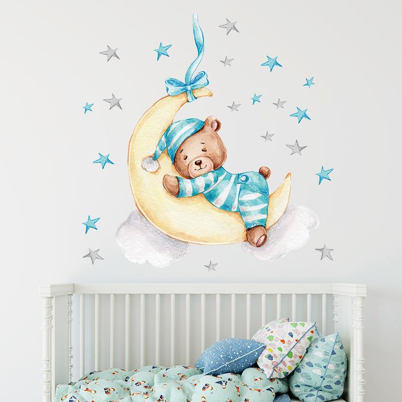 Cartoon Sleepy Bear In Pajamas with Moon Wall Stickers, Self-Adhesive Decor for Kids Room Bedroom Kindergarten Wall Decoration