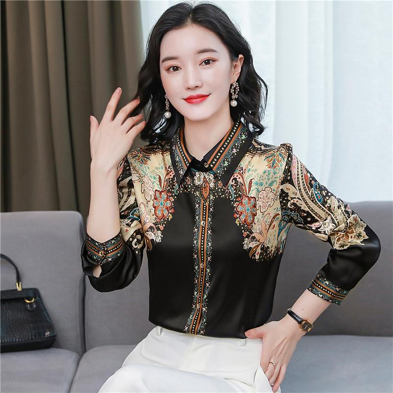 Women's Printed Lapel Chiffon Shirt Elegant Commute Long Sleeve Straight Blouse Spring Fashion Top