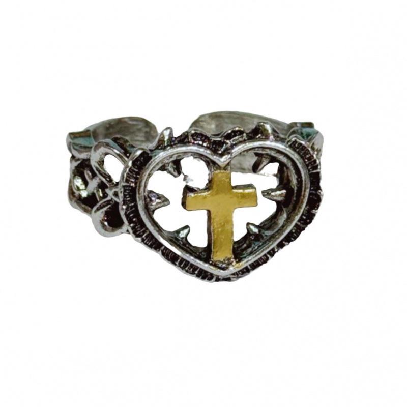 Jun'an Adjustable Heart-Shaped Gold Cross Ring