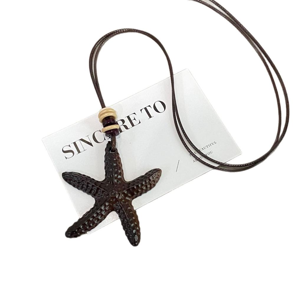 Seaside Wooden Starfish Pendant Necklace - Retro Chinese Style Sweater Chain