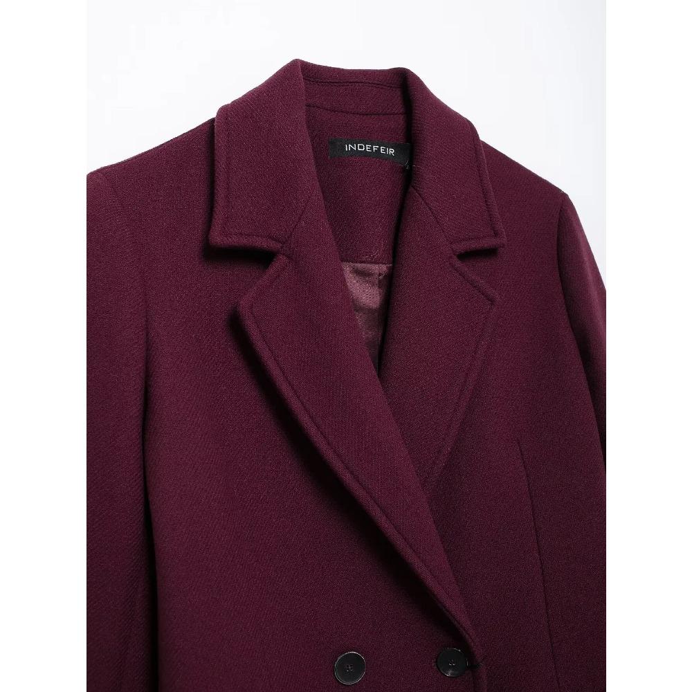 Women Fashion Burgundy Woolen Coat Double Breasted Long Sleeve Lapel Blends Jacket Autumn Winter High Street Outerwear