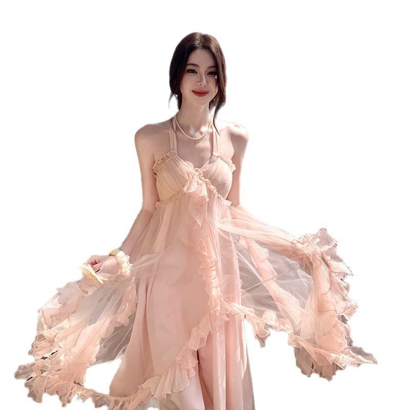 New Vacation Soft Pink Tulle Dress Fairy Elegant Mesh Morning Robe Dress