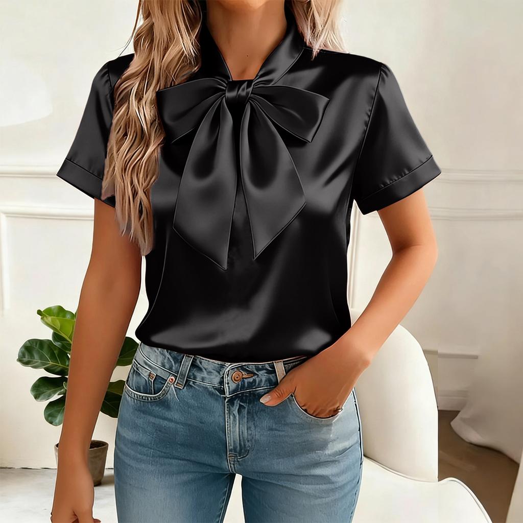 Women’s Satin Short Sleeve Blouse with Bow Tie Neck Round Neckline Elegant Loose Fit Top for Office and Casual Wear
