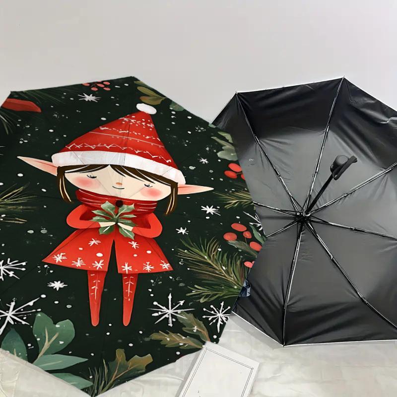 1PC Elf, Christmas Automatic Open/Close Umbrella with Windproof, 8-Rib Sturdy Canopy, Durable Ribs, Fashionable Design, Outdoor Accessory, Fun Prin, H