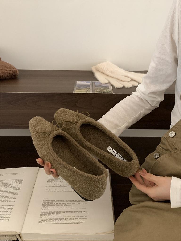 Late evening wind bow velvet Mary Jane shoes 2025 autumn and winter new soft-soled fluffy shoes warm Doudou single shoes