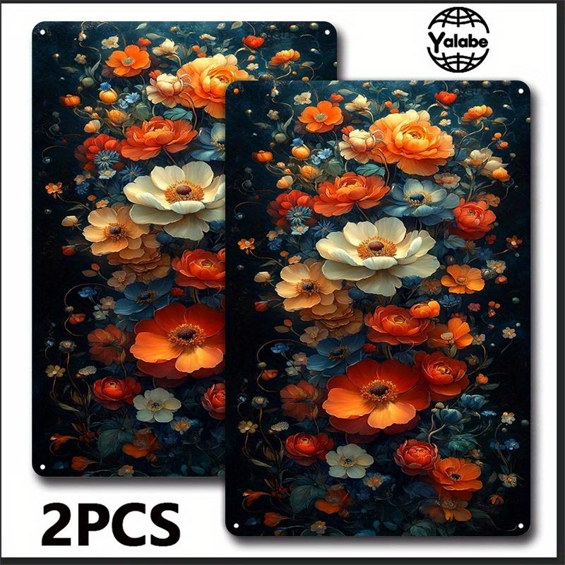 [2D Flat] Two Vintage Floral Tin Artworks Showcasing Bright Flowers On a Dark Background, Ideal for Beautifying The Interiors of
