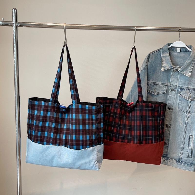 New plaid Korean lazy style large-capacity canvas bag fashionable cool women's casual literary and artistic shoulder bag