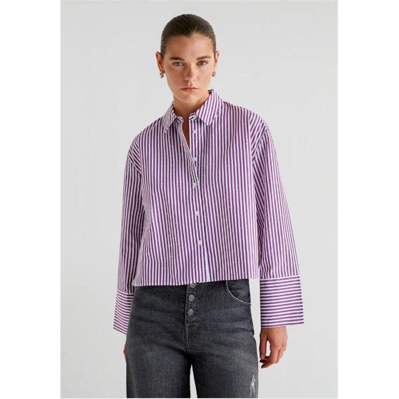 

European Single Spring Loose Woven Cotton Full Body Hot Drilling Stripe Loose Bell Sleeve Women Single-Breasted Shirts Shirt Violet M