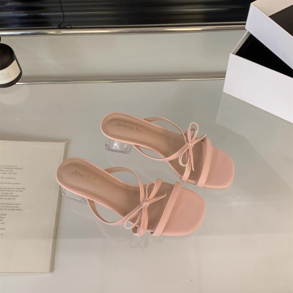 French Fairy Style Gentle Evening Shoes Bow Word with Open Toe Cool Slippers Female Summer Wear Crystal Heel Sandals