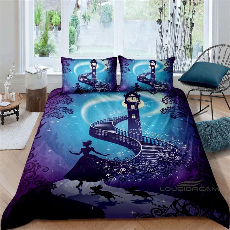 Cartoon-themed Cinderella fairy tale duvet cover and pillowcase bedding set, suitable for boys' and girls' bedrooms, and as a