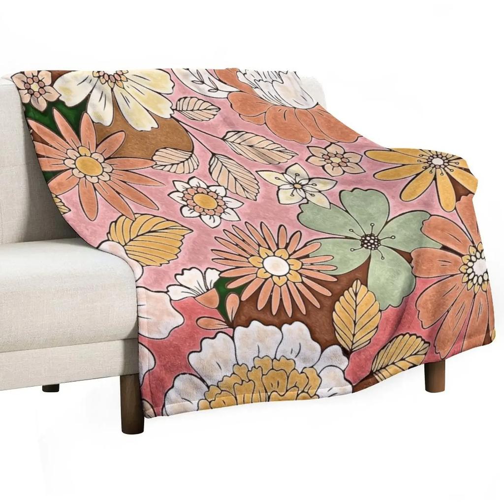 Retro Flowers Pink Throw Blanket Wrinkle Resistant Lightweight Blanket