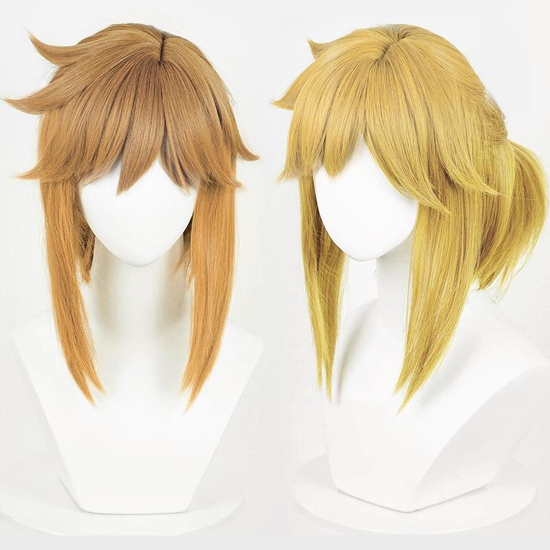 Link Cosplay Blonde Brown Wig Tears of the Kingdom Heat Resistant Synthetic Wigs for Halloween Party with Elf Ears Earrings